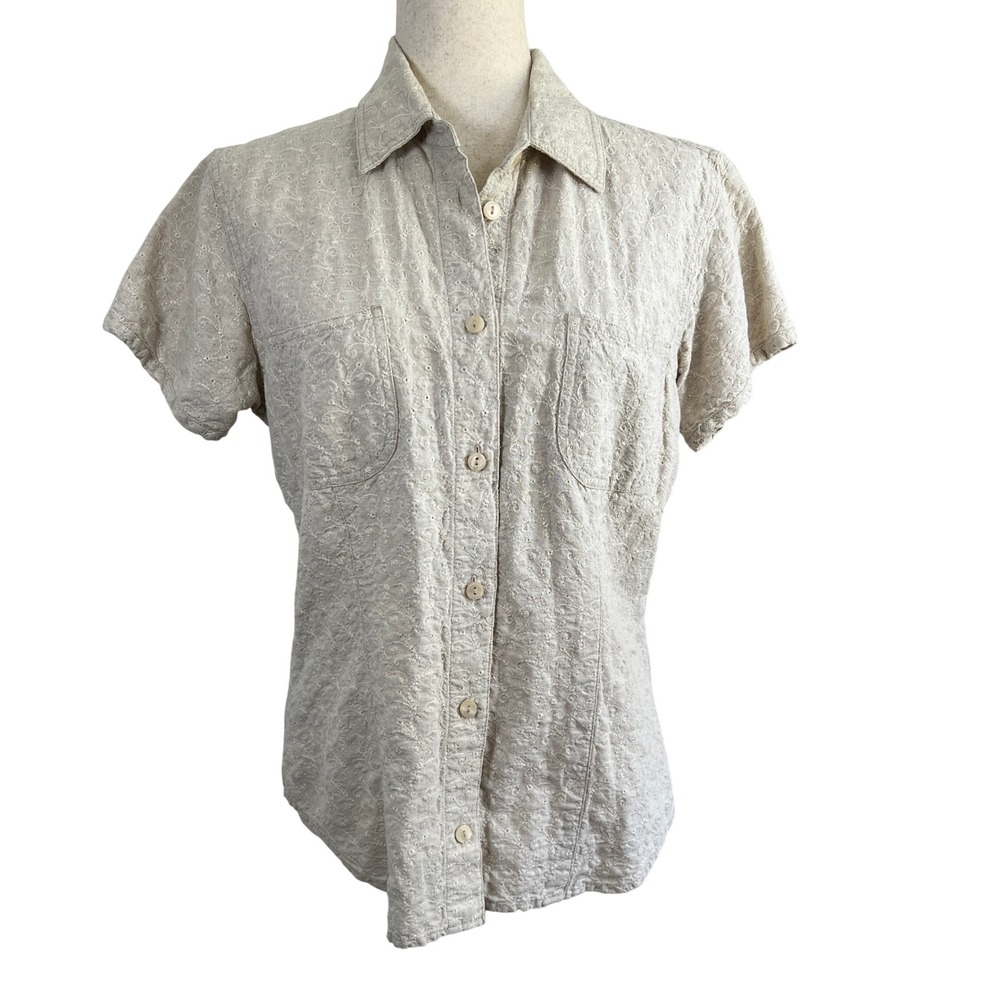 Liz Claiborne Linen Cotton Embroidered Button Up Shirt Beige Short Sleeve Size 8